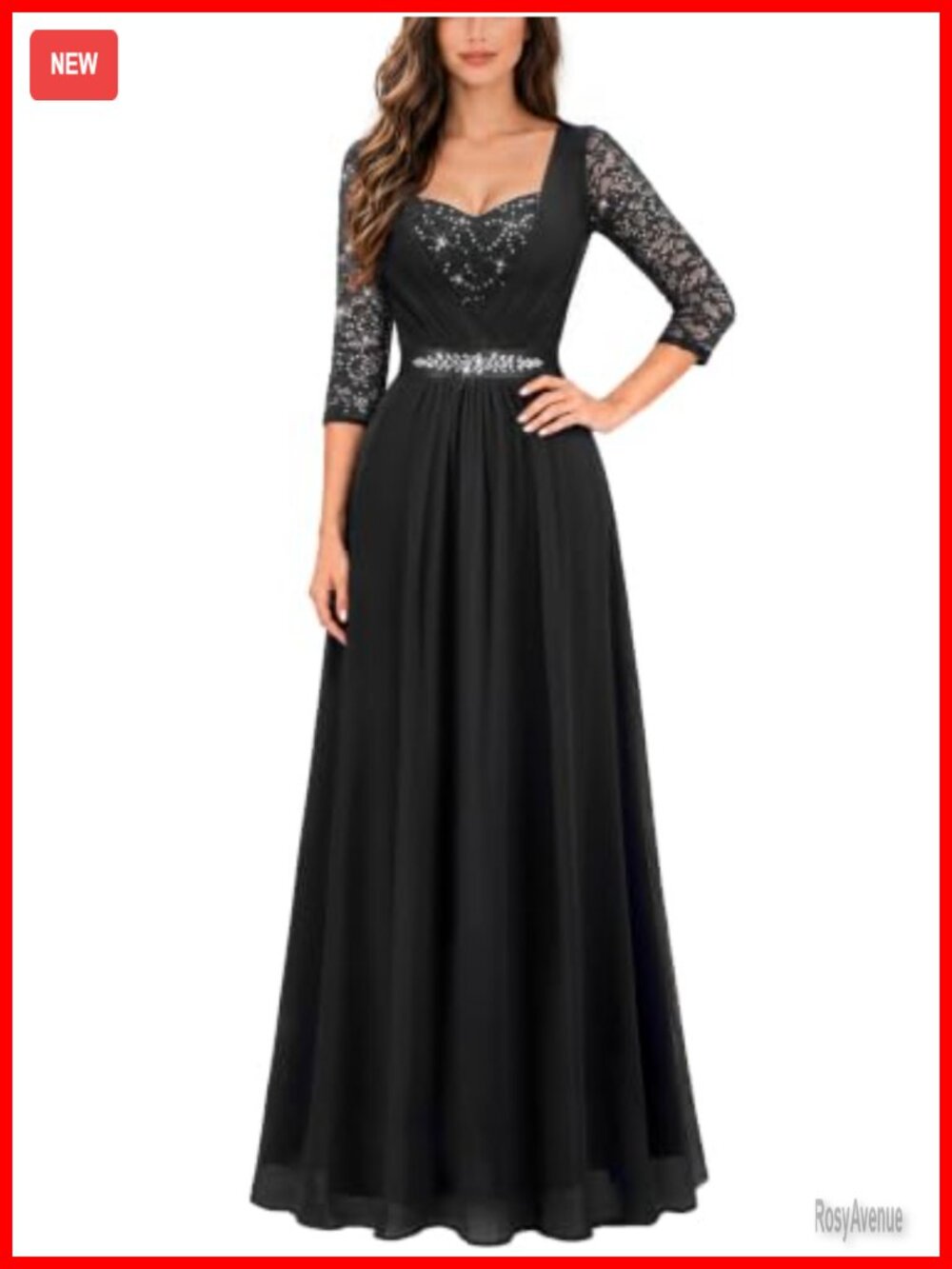Sequin Lace Square Neck 2/3 Sleeve A-Line Formal Maxi Dress